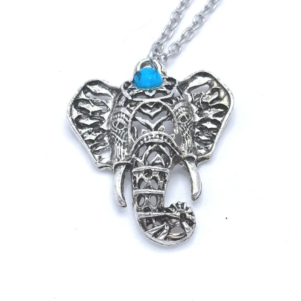 Silver Tone Elephant Necklace Blue Turquoise Style Stone‎ Boho Statement Pendant